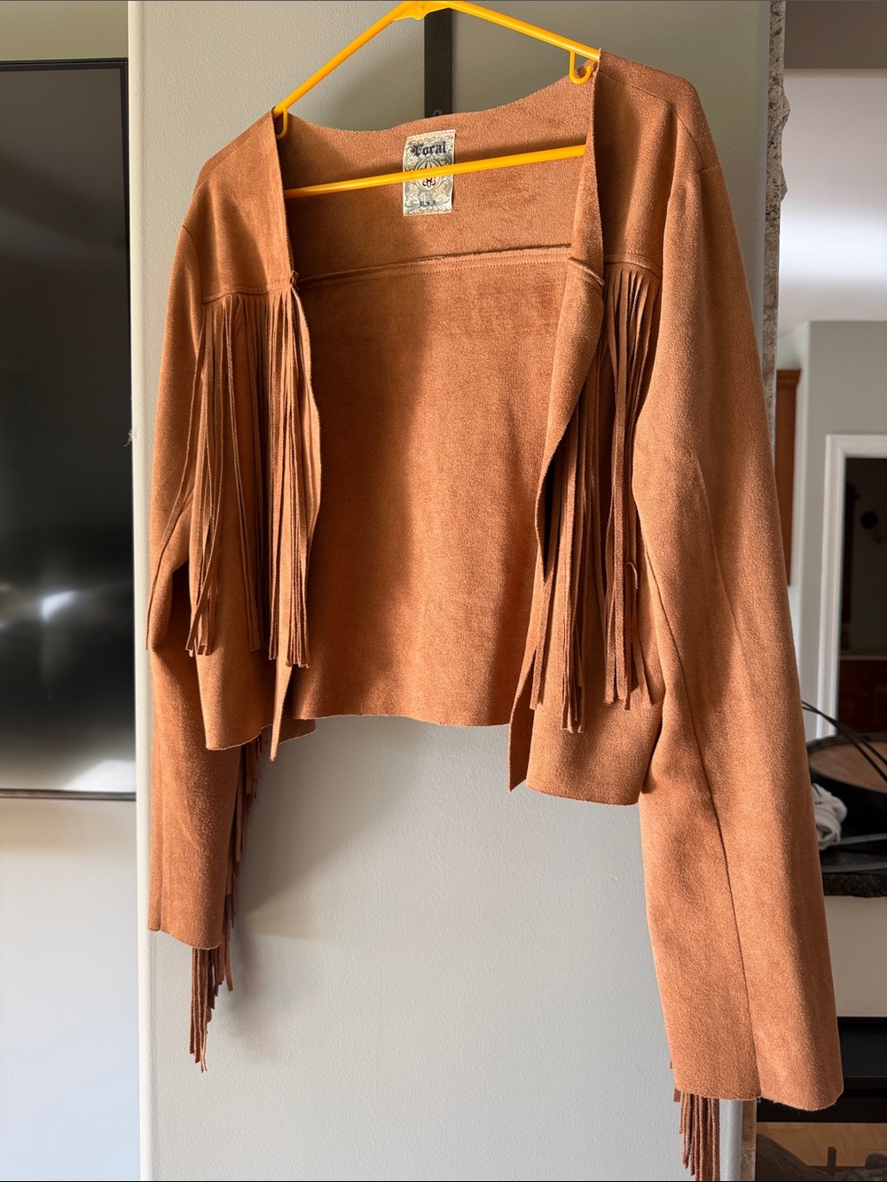 Vocal Brown Cropped Fringe Suede-Look Jacket